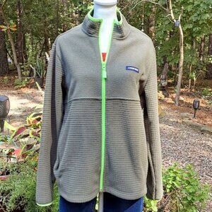 Lands' End Ladies Grid Fleece Zip Up Jacket, Olive Green, Small